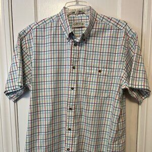 Orvis Mens Plaid Short Sleeve Button Down Shirt White Blue Red Green Yellow XL